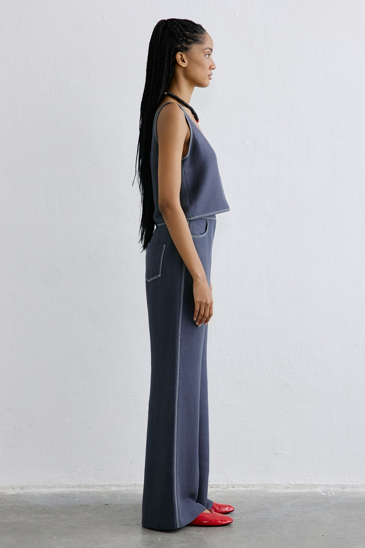 Keten Karışımlı Crop Indigo Bluz