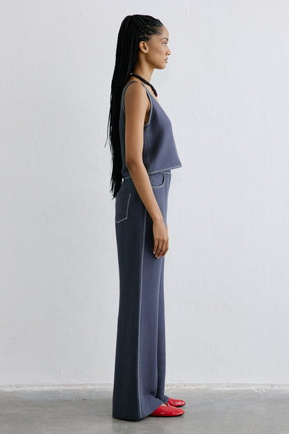 Keten Karışımlı Crop Indigo Bluz