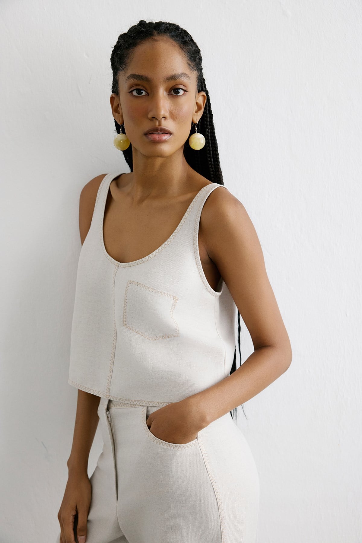 Keten Karışımlı Crop Bej Bluz