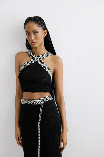 Sırt Bağlamalı Crop Siyah Bluz