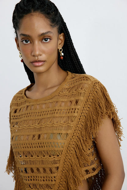 Bisiklet Yaka Saçaklı Camel Bluz