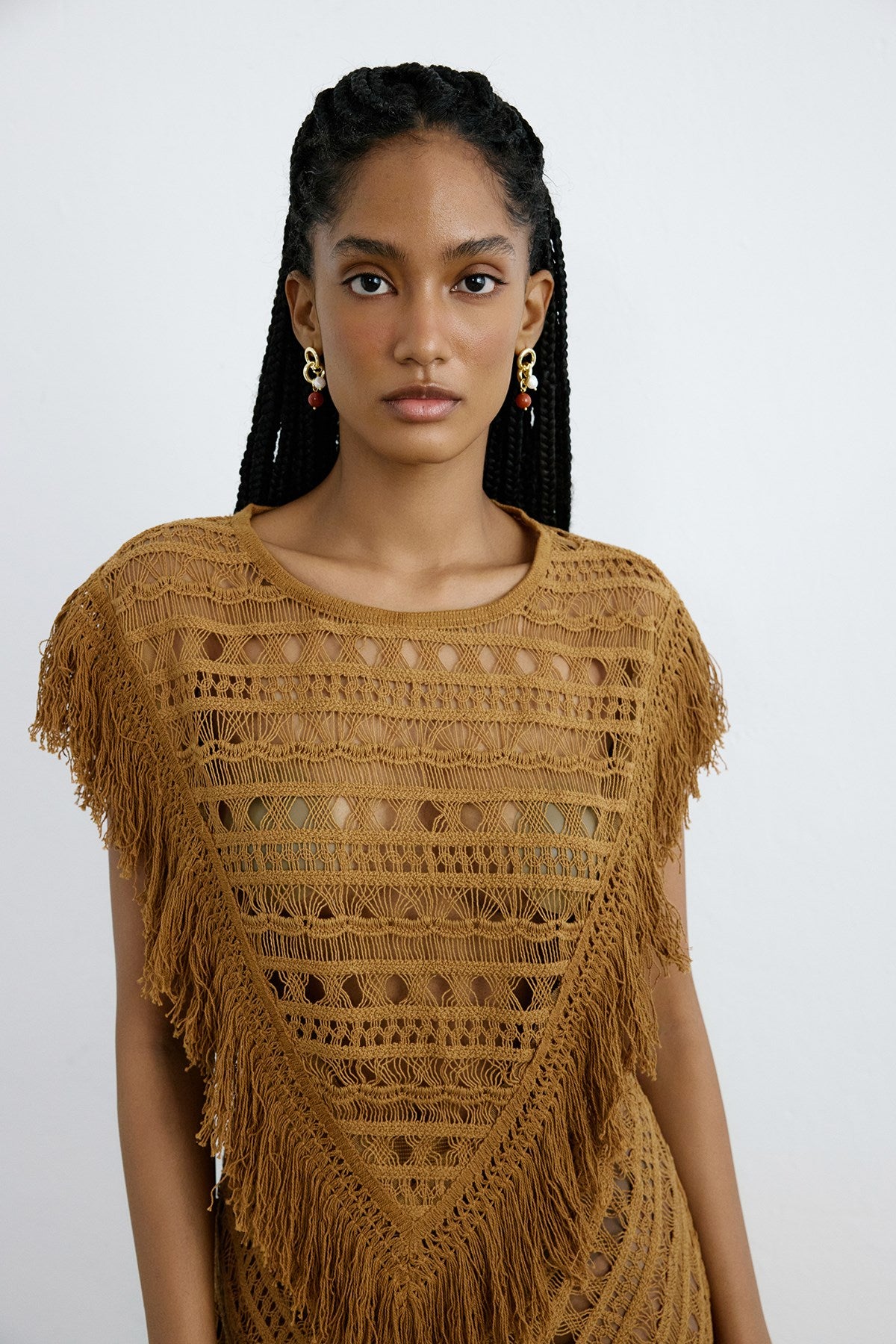 Bisiklet Yaka Saçaklı Camel Bluz
