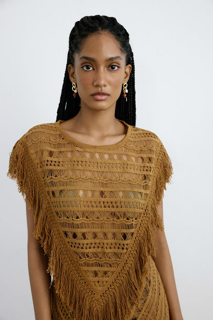 Bisiklet Yaka Saçaklı Camel Bluz
