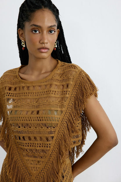 Bisiklet Yaka Saçaklı Camel Bluz