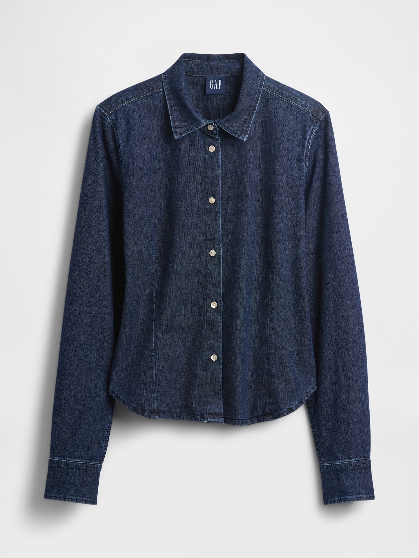 Koyu Mavi Denim Fitted Crop Gömlek