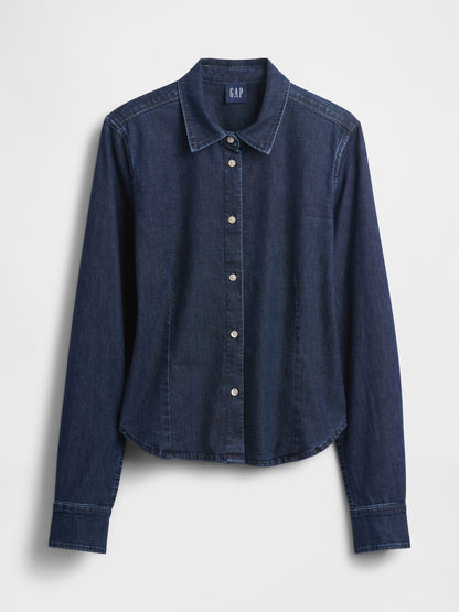 Koyu Mavi Denim Fitted Crop Gömlek