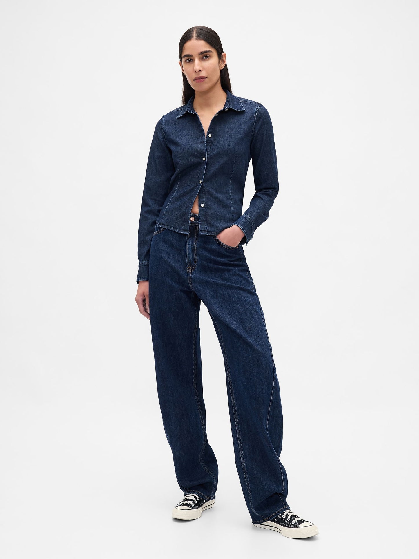 Koyu Mavi Denim Fitted Crop Gömlek