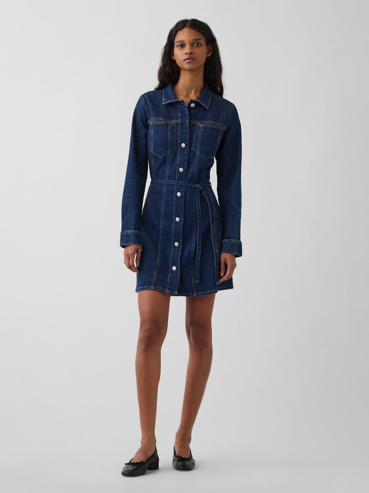 Koyu Mavi Denim Kemerli Mini Elbise