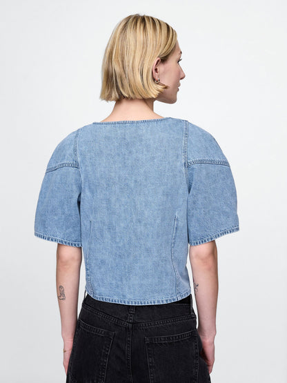 Mavi Kabarık Kol Denim Crop Bluz