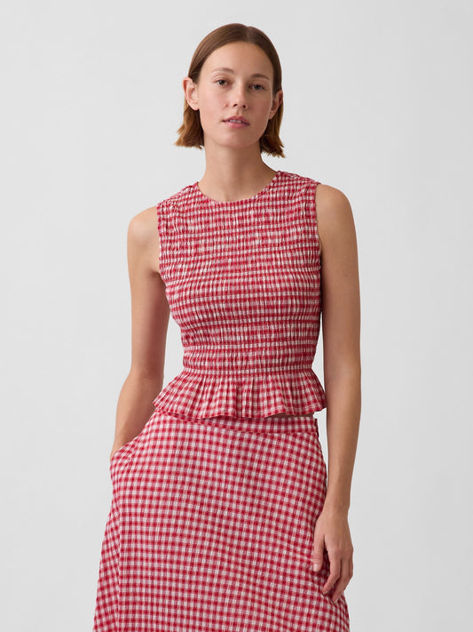 Kırmızı Smocked Gingham Crop Peplum Üst