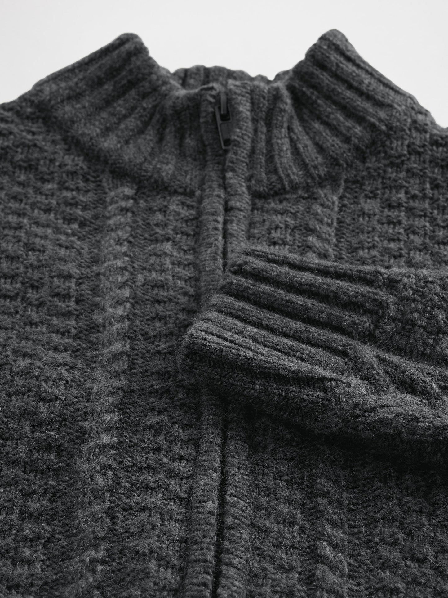 Koyu Gri Wool-blend Cable-knit Fermuarlı Triko Hırka