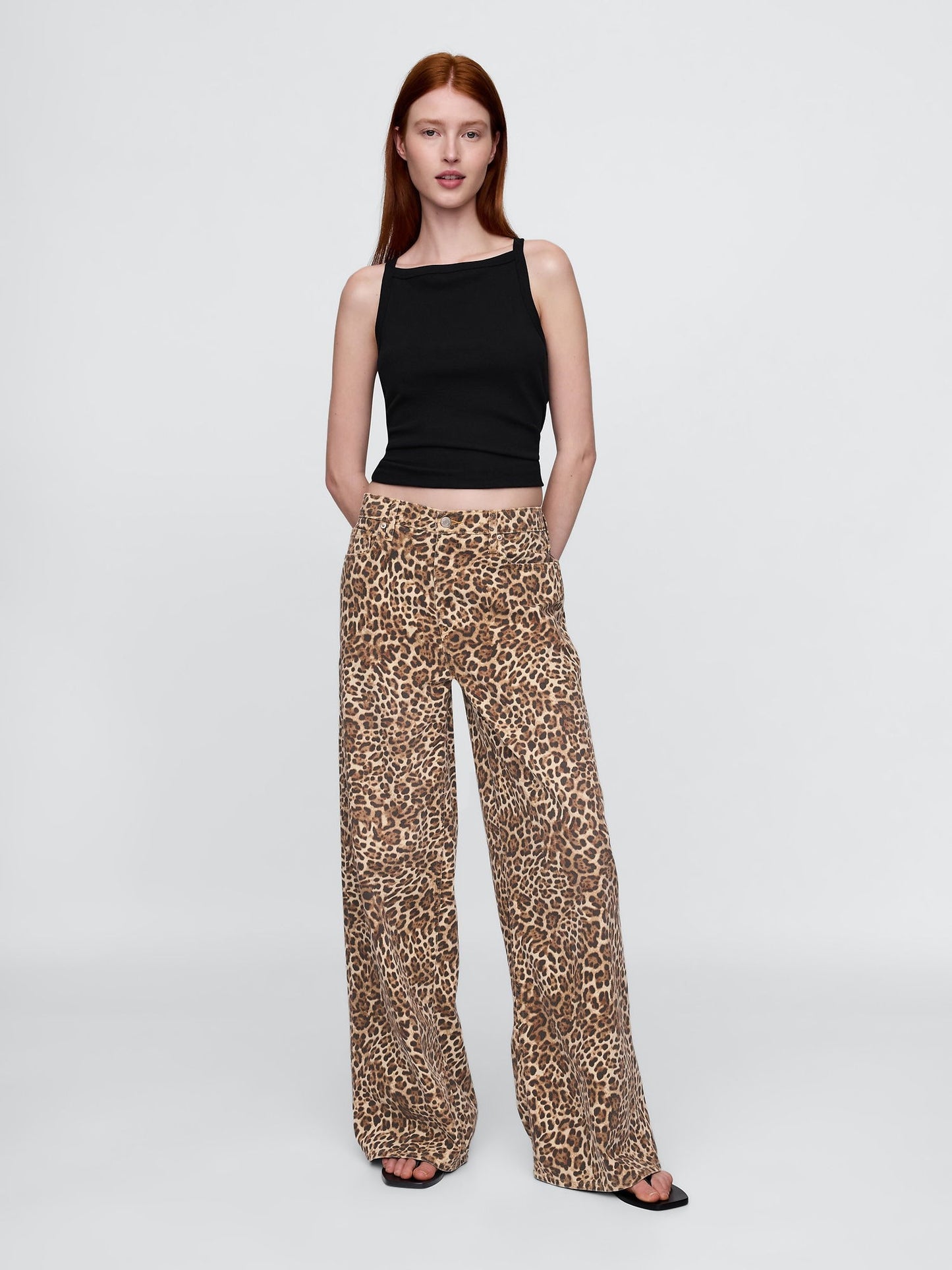 Kahverengi Mid Rise Ultrasoft Leopar Baggy Jean Pantolon
