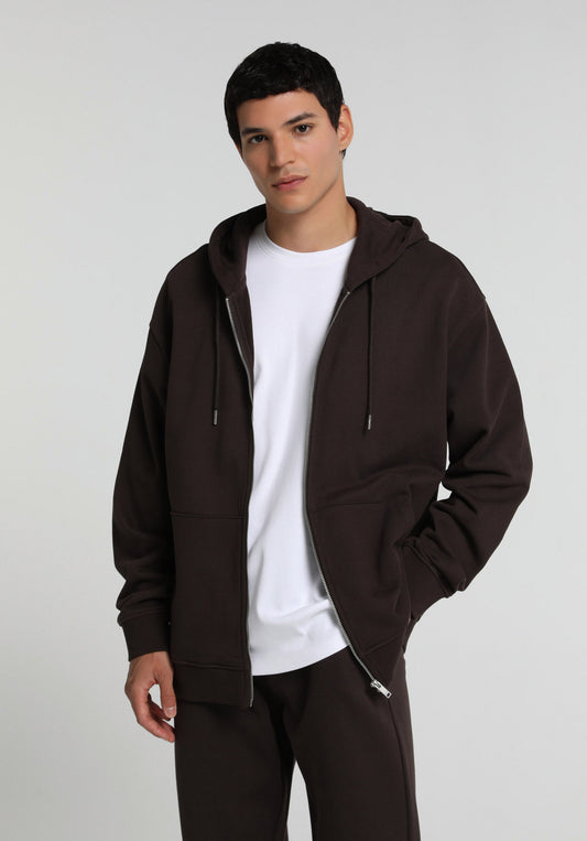 Oversize Fit Kapüşonlu Düz Erkek Kahverengi Sweatshirt