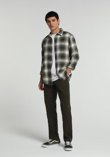 Regular Fit Shirt Neck Ekoseli Erkek Yeşil Uzun Kol Gömlek