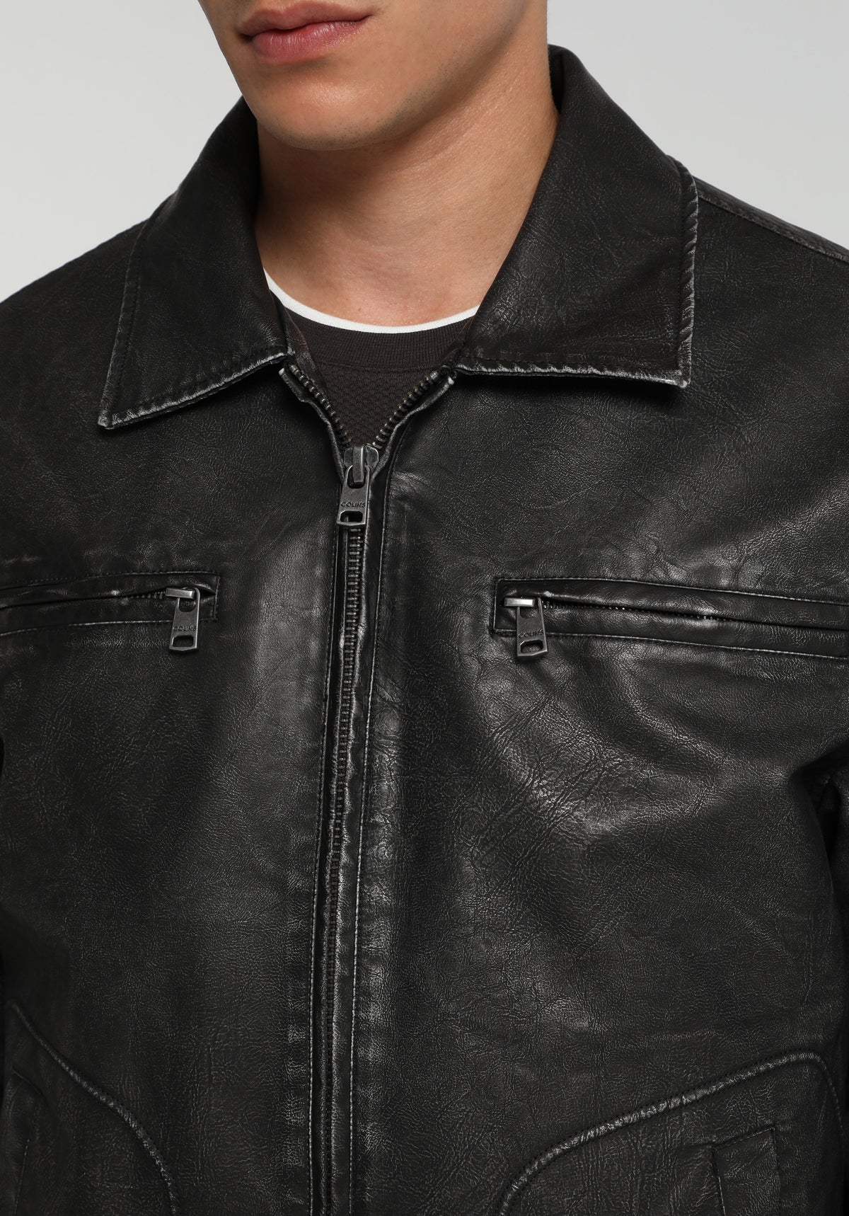Regular Fit Shirt Neck Fermuarlı Astarlı Erkek Siyah Mont Pu