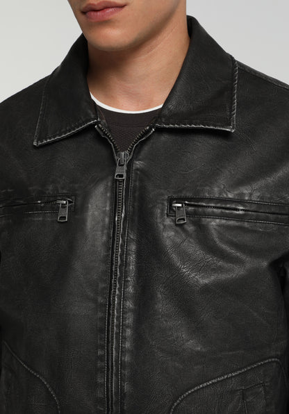 Regular Fit Shirt Neck Fermuarlı Astarlı Erkek Siyah Mont Pu