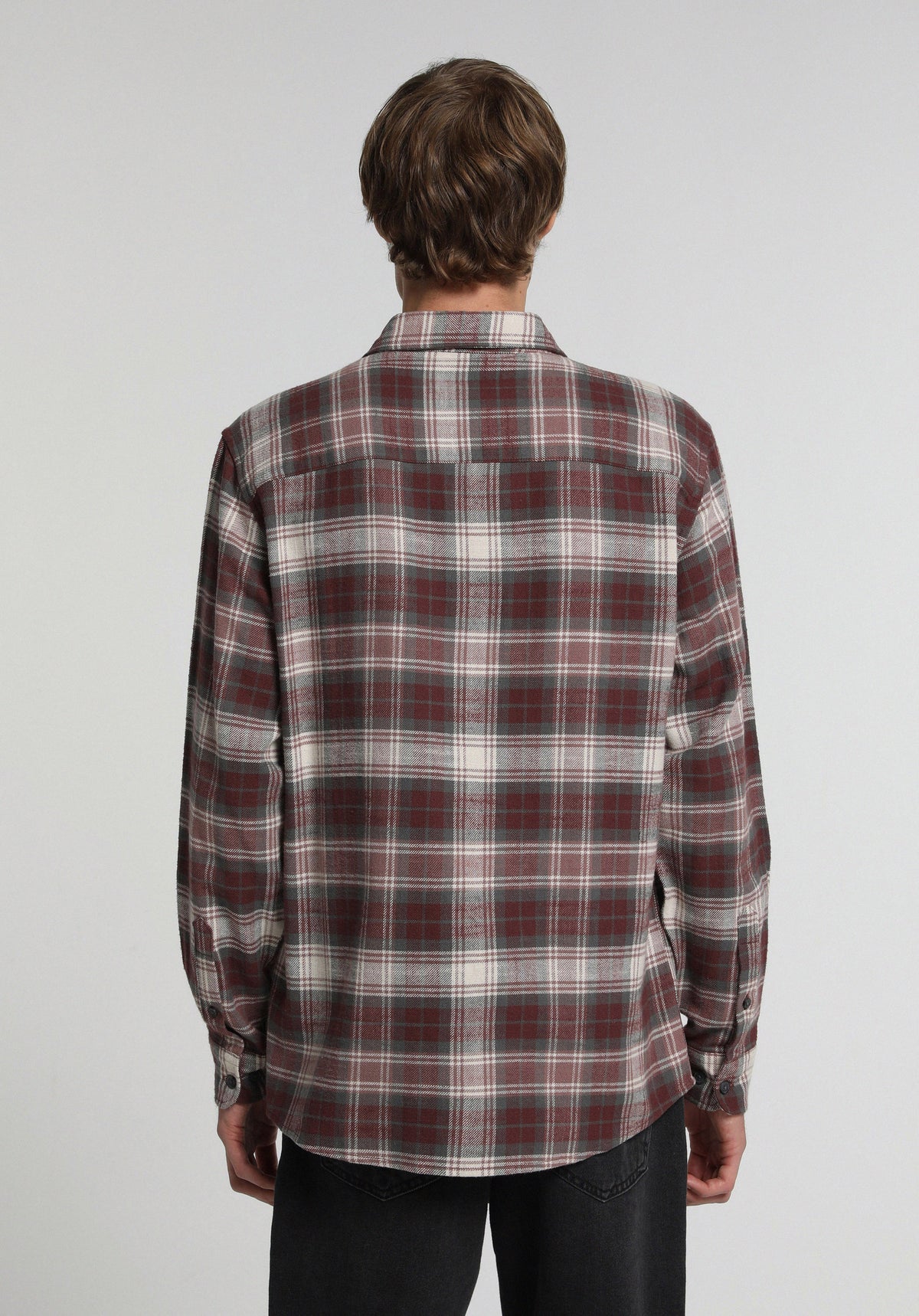 Regular Fit Shirt Neck Ekoseli Erkek Bordo Uzun Kol Gömlek