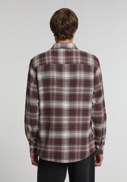 Regular Fit Shirt Neck Ekoseli Erkek Bordo Uzun Kol Gömlek