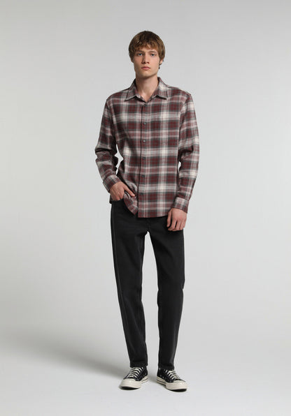 Regular Fit Shirt Neck Ekoseli Erkek Bordo Uzun Kol Gömlek