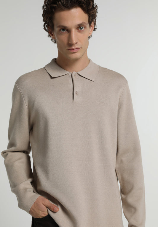 Regular Fit Polo Yaka Jakarlı Erkek Bej Kazak