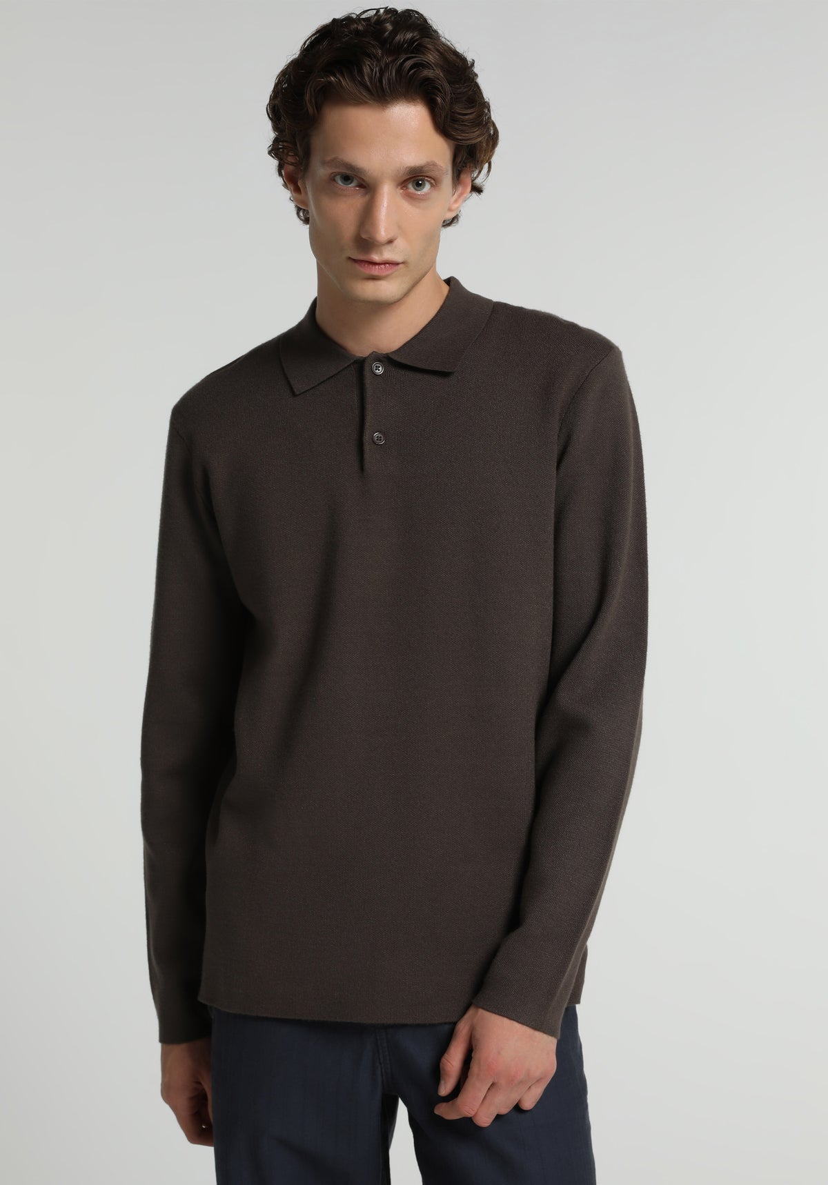 Regular Fit Polo Yaka Jakarlı Erkek Kahverengi Kazak