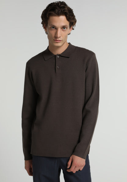 Regular Fit Polo Yaka Jakarlı Erkek Kahverengi Kazak