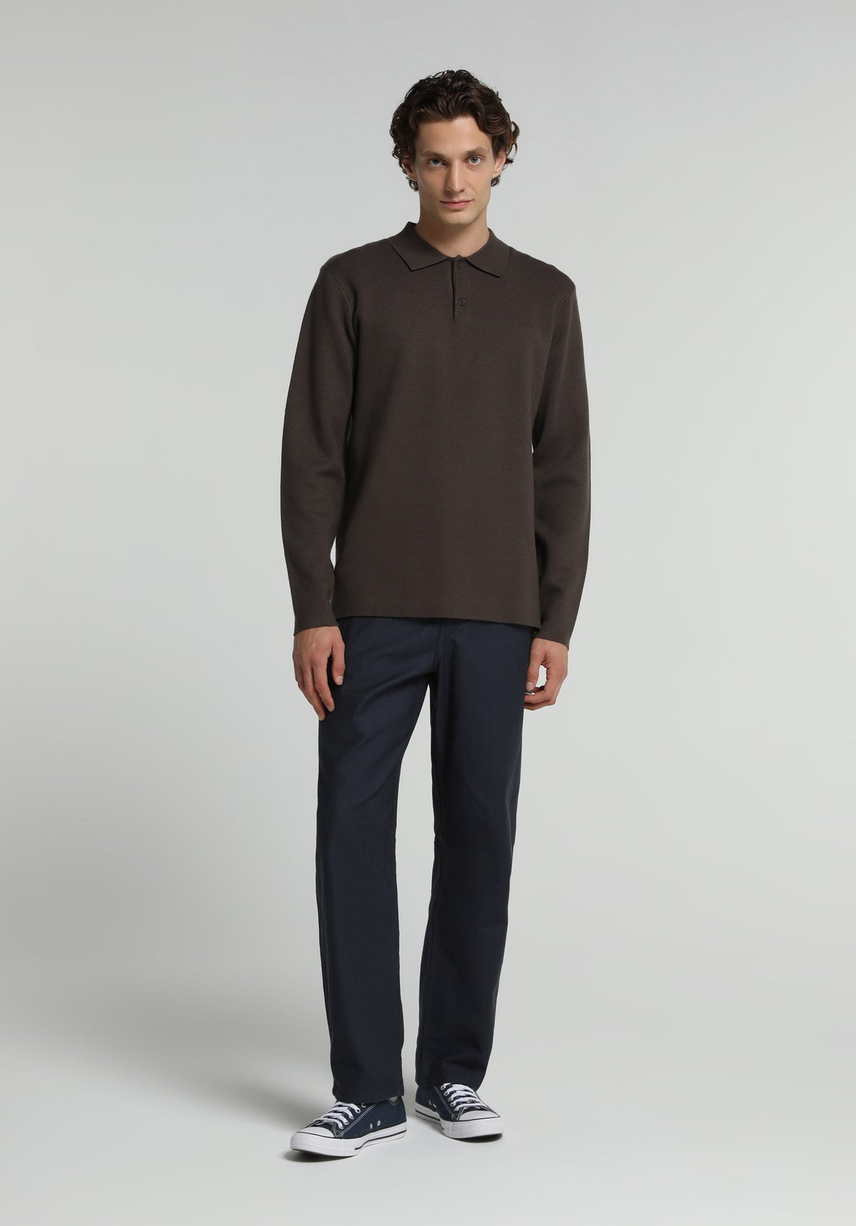 Regular Fit Polo Yaka Jakarlı Erkek Kahverengi Kazak