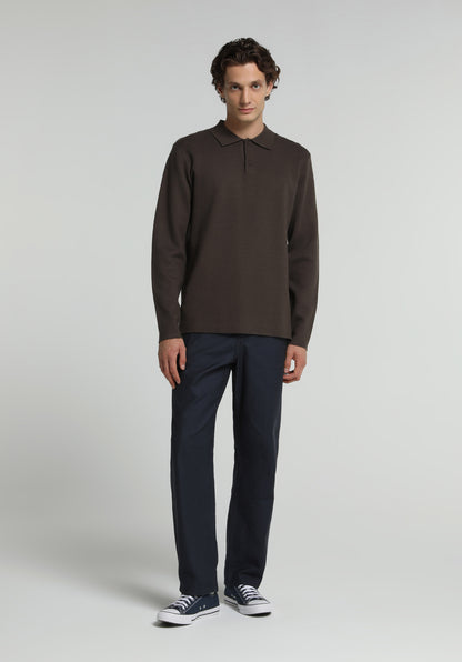 Regular Fit Polo Yaka Jakarlı Erkek Kahverengi Kazak