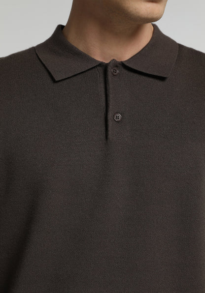 Regular Fit Polo Yaka Jakarlı Erkek Kahverengi Kazak