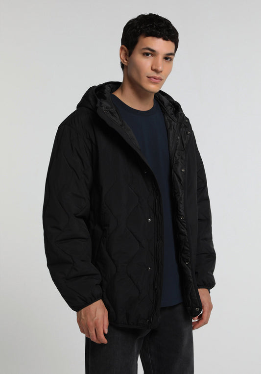 Oversize Fit Kapüşonlu Fermuarlı Astarlı Erkek Siyah Mont