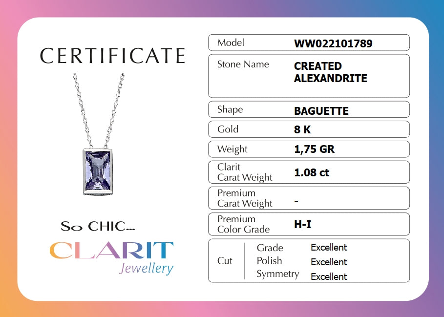 Created Alexandrite Taşlı Clarit Serisi Beyaz Altın Baget Kolye Ww02210178942
