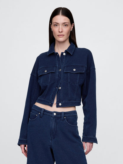 Koyu Mavi Fransız Havlu Kumaş Crop Icon Denim Ceket