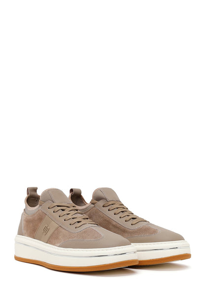 Erkek Bej Bağcıklı Kalın Tabanlı Deri Sneaker