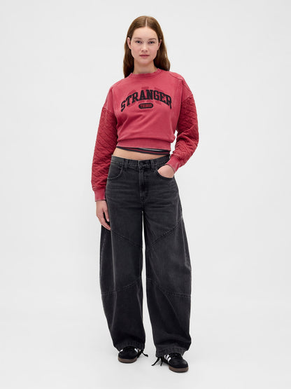 Kırmızı Stranger Things Yastıklı Kol Logolu Sweatshirt