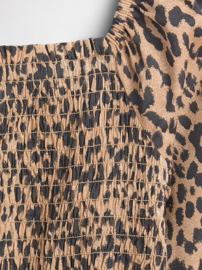 Kahverengi Kare Yaka Leoparlı Bluz