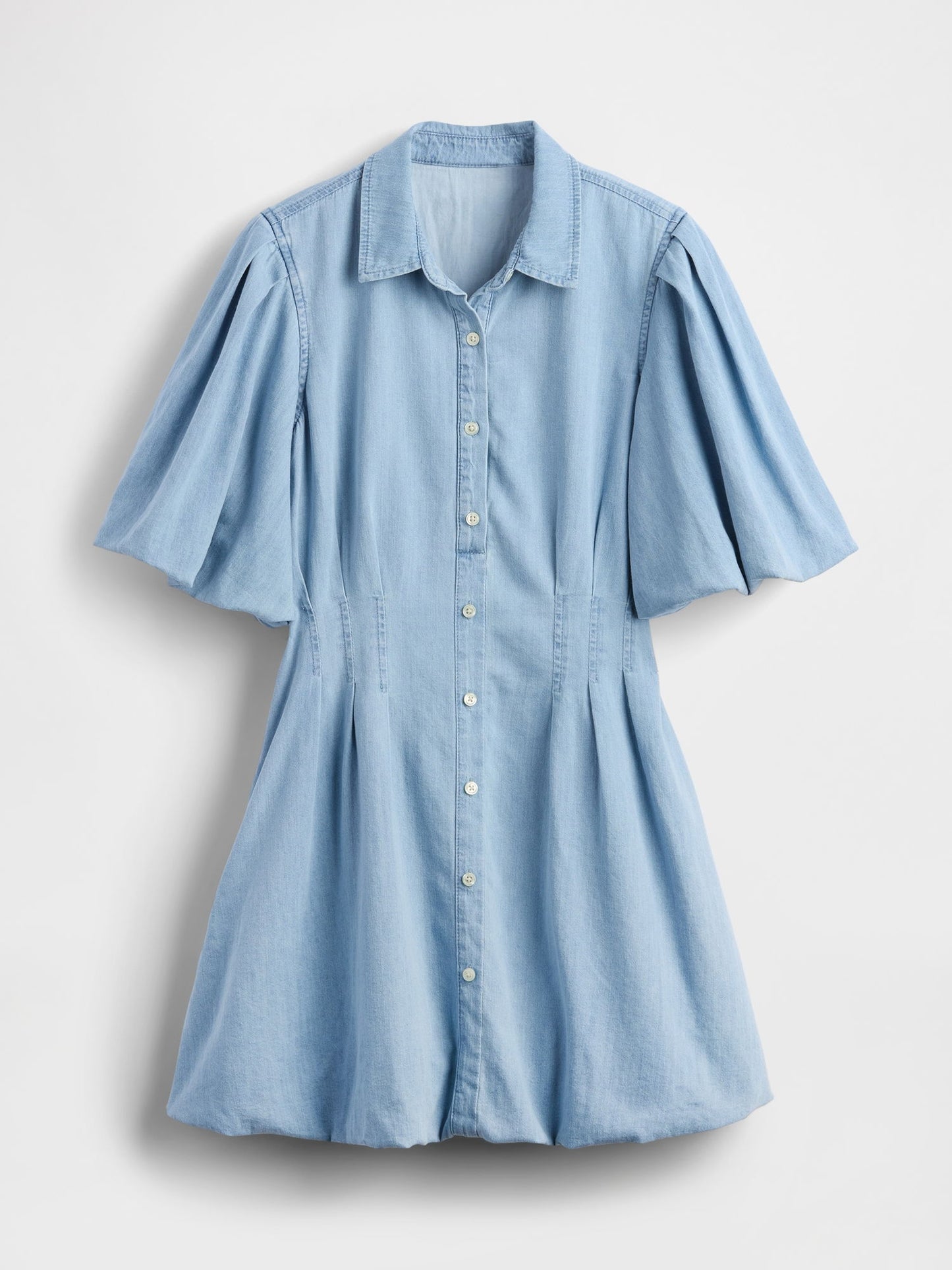 Açık Mavi Denim Bubble Mini Gömlek Elbise