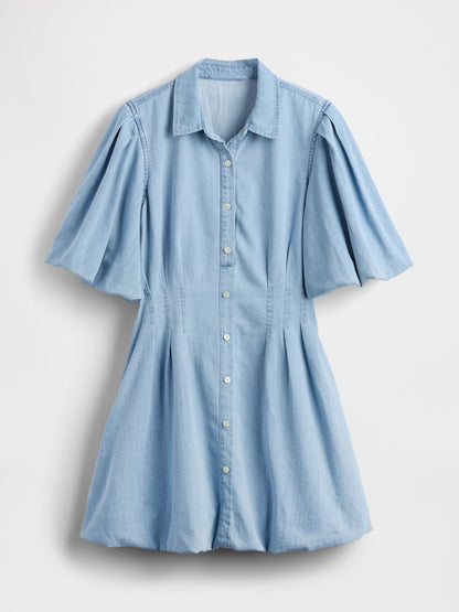 Açık Mavi Denim Bubble Mini Gömlek Elbise