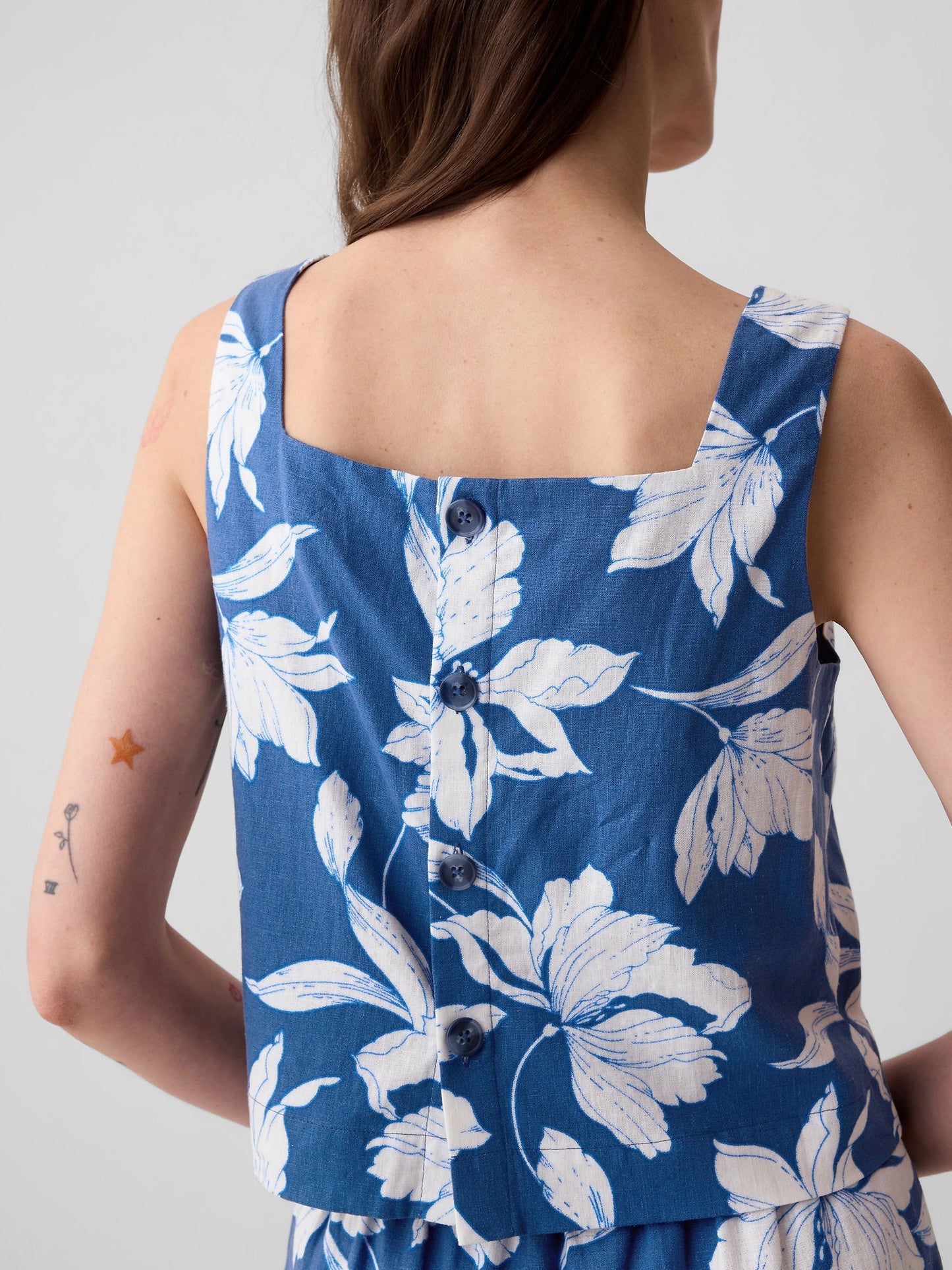Mavi Keten Karışımlı Crop Bluz