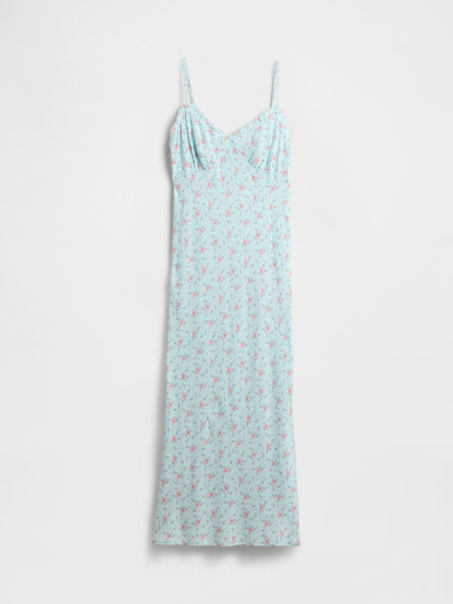 Mavi Çiçek Desenli Maxi Slip Elbise