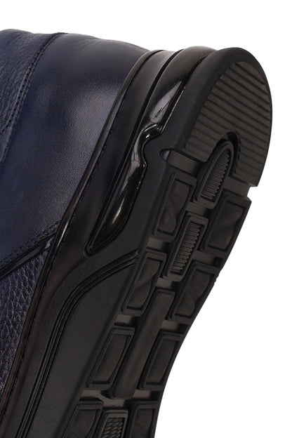 Erkek Lacivert Bağcıklı Deri Sneaker