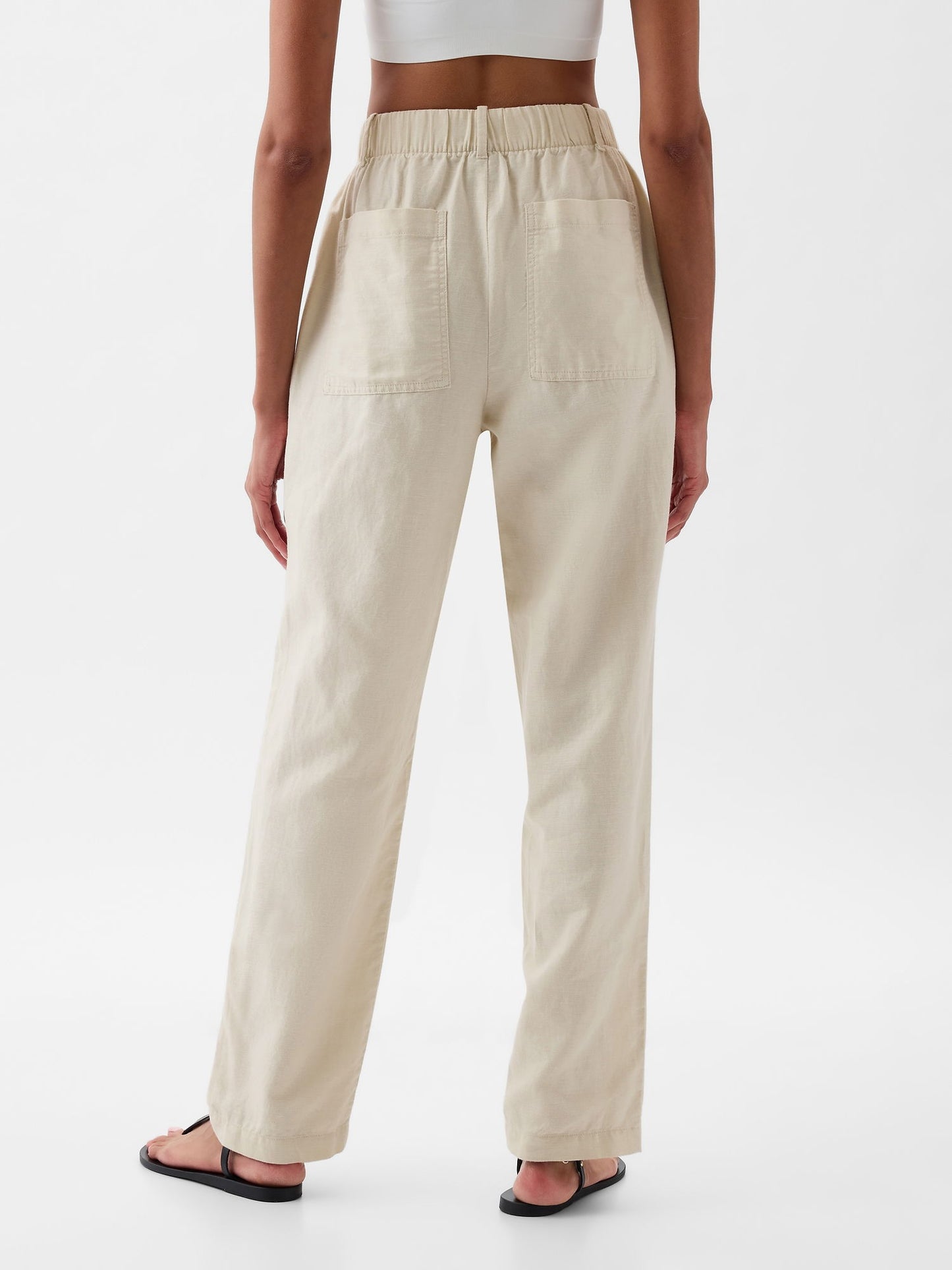 Bej High Rise Keten Karışımlı Pull-on Pantolon