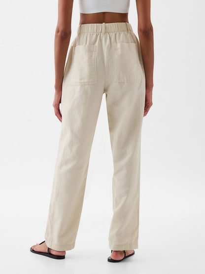 Bej High Rise Keten Karışımlı Pull-on Pantolon