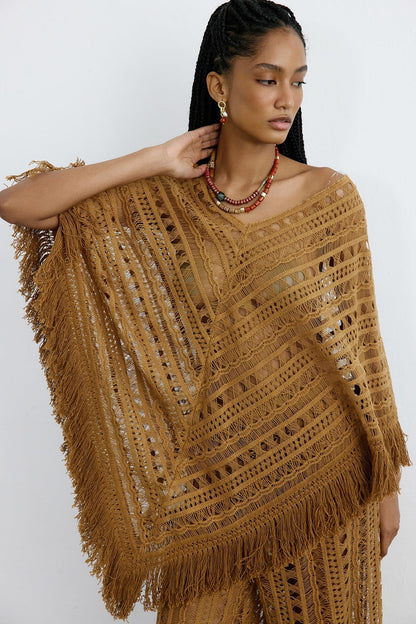 V Yaka Saçaklı Dantel Camel Tunik