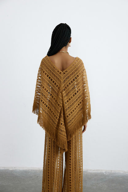 V Yaka Saçaklı Dantel Camel Tunik