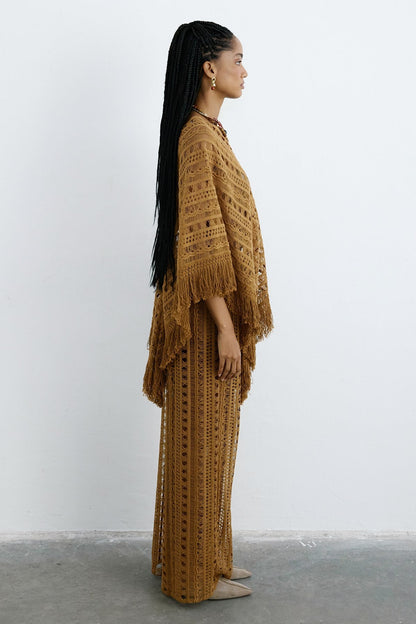 V Yaka Saçaklı Dantel Camel Tunik