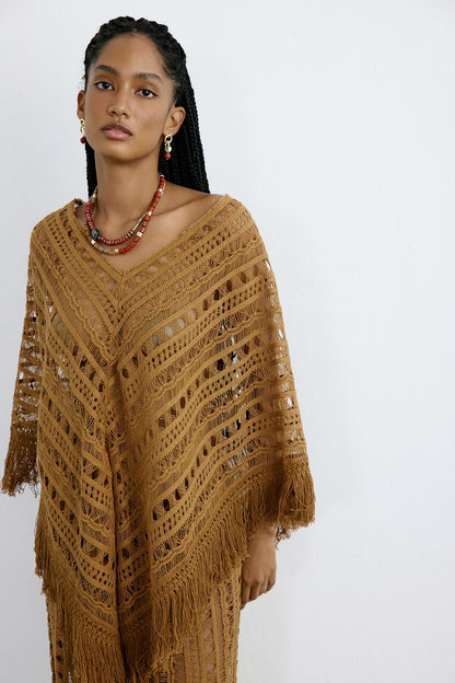 V Yaka Saçaklı Dantel Camel Tunik