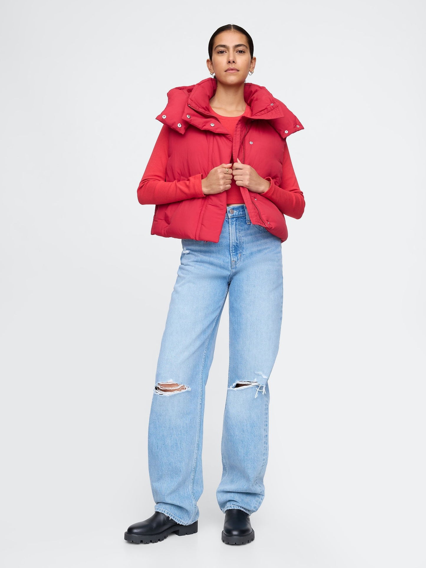 Kırmızı Crop Puffer Şişme Yelek