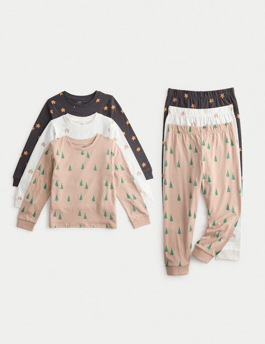 3’lü Saf Pamuklu Desenli Çocuk Pijama Takımı (1-8 Yaş)