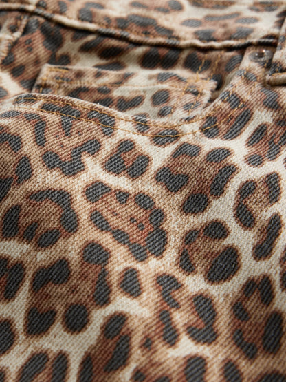 Kahverengi Mid Rise Ultrasoft Leopar Baggy Jean Pantolon
