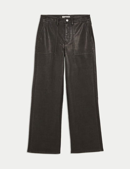 Deri Görünümlü Wide Leg Pantolon